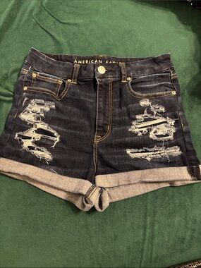 American Eagle Outfitters Dark Blue Distressed Rolled-Hem Jean Shorts